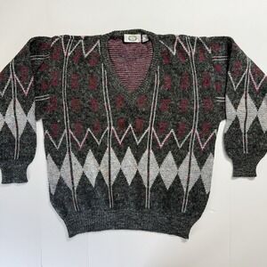 Vintage Harbour Club Mens XL V-Neck Sweater Wool Blend Geometric Argyle Italy